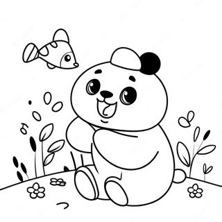 Pagina da colorare di Mimi Panda carina che gioca con gli amici | pagina da colorare Mimi Panda