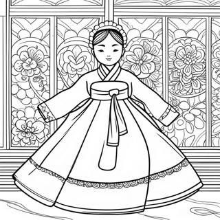 Pagina da Colorare Hanbok Tradizionale Coreano | pagina da colorare Coreano