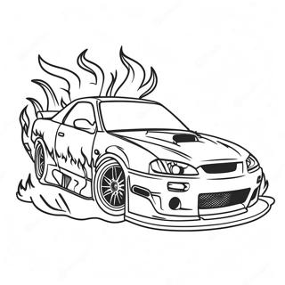 Pagina da colorare con una macchina da drift cool con fiamme | pagina da colorare Auto da Drift