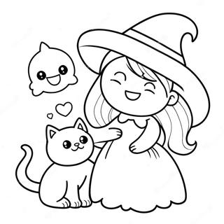 Pagina da colorare di una dolce strega con un gatto | pagina da colorare Streghetta