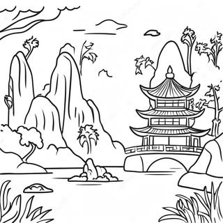 Pagina da Colorare con il Bellissimo Paesaggio Asiatico | pagina da colorare Asia