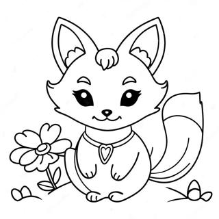 Pagina da Colorare di un Carino Kitsune con Fiori | pagina da colorare Kitsune