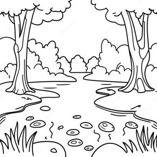 Pagina da colorare del fiume tranquillo con alberi lussureggianti | pagina da colorare Fiume
