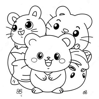 Pagina da colorare di Hamtaro carino con amici | pagina da colorare Hamtaro