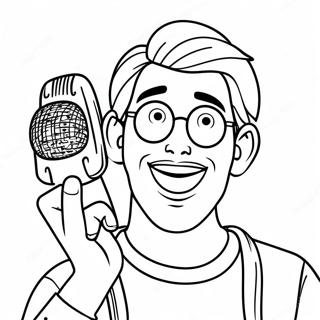 Pagina da Colorare di un YouTuber Divertente con un Microfono | pagina da colorare YouTuber