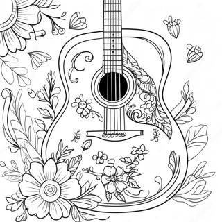 Pagina da Colorare della Chitarra Acustica con Fiori | pagina da colorare Chitarra