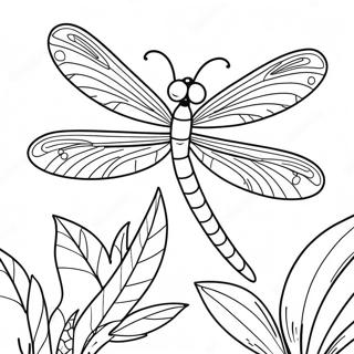Pagina da Colorare di Libellula Colorata in un Giardino | pagina da colorare Libellula
