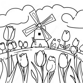Pagina da Colorare Paesaggio Olandese con Tulipani | pagina da colorare Olanda