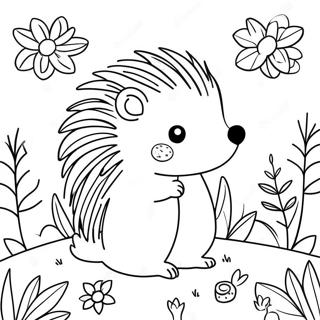 Pagina da colorare di un riccio carino in un giardino fiorito | pagina da colorare Riccio