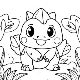 Pagina da colorare di un carino Ivysaur in un giardino | pagina da colorare Ivysaur