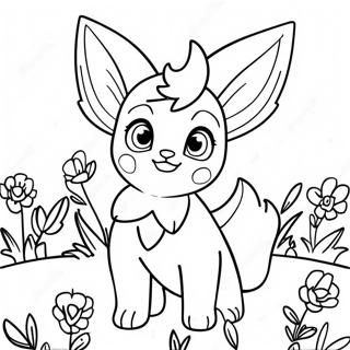 Pagina da Colorare di un Carino Leafeon in un Campo di Fiori | pagina da colorare Leafeon