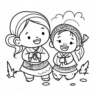 Pagina da Colorare dei Bambini Hmong che Giocano | pagina da colorare Hmong