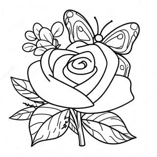 Pagina da Colorare di un'Elegante Rosa con Farfalla Colorata | pagina da colorare Rosa e Farfalla