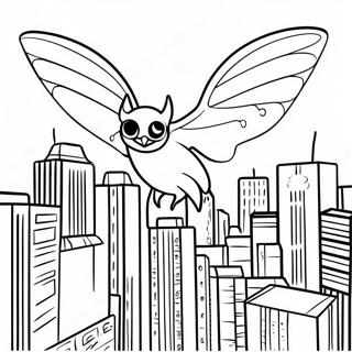 Pagina da Colorare Mothman Volando sulla Città | pagina da colorare Mothman