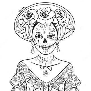 Pagina da Colorare Catrina Elegante con Fiori | pagina da colorare Catrina