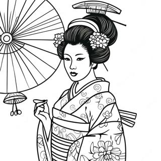 Pagina da Colorare Geisha Elegante in Kimono | pagina da colorare Geisha