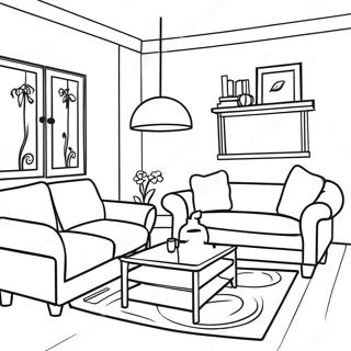 Pagina da Colorare di un Accogliente Interno di Soggiorno | pagina da colorare Design d'Interni