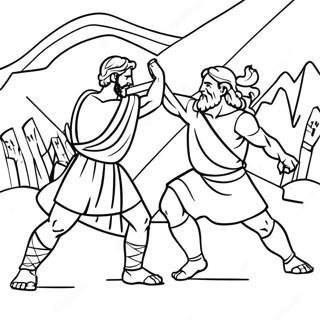 Pagina da Colorare della Battaglia Epica tra Davide e Saul | pagina da colorare Davide e Saul