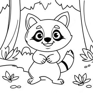 Pagina da colorare di un carino procione che gioca nella foresta | pagina da colorare Procione