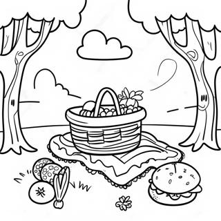 Pagina da colorare di una scena di picnic con una coperta colorata | pagina da colorare Picnic