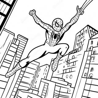 Pagina da Colorare Spiderman che Dondola nella Città | pagina da colorare Hello Kitty e Spiderman