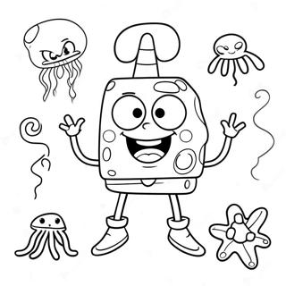 Pagina da Colorare di SpongeBob Felice con Medusa | pagina da colorare SpongeBob e Patrick