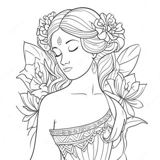 Pagina da Colorare di una Dea Elegante con Fiori | pagina da colorare Dea